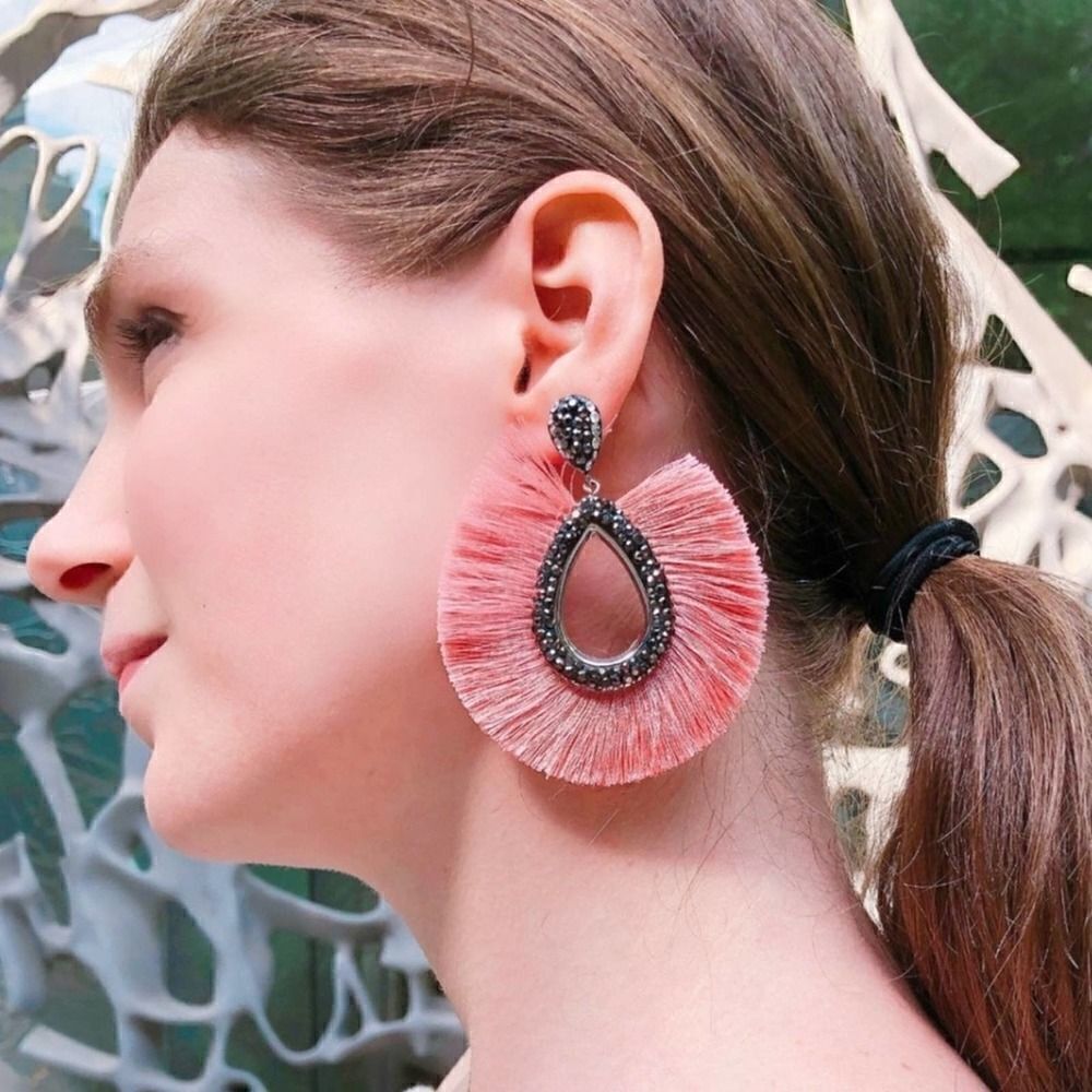 Caviar stoned earrings with fanned out fringe